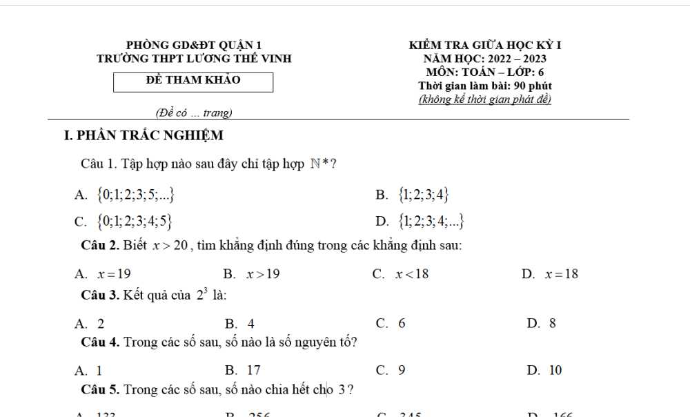 Toán 6: Đề kiểm tra giữa học kì 1. Trường THPT Lương Thế Vinh-Quận 1 năm học 2022-2023